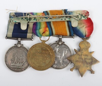First World War British naval medal group of Four, comprising of 1914-15 star, British War Medal, British Victory medal and GRV Naval Long Service Good Conduct medal (impressed H.M.S. Emperor of India) with fixed suspension. Impressed to K-15652 Stoker 1s - 4