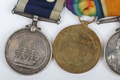 First World War British naval medal group of Four, comprising of 1914-15 star, British War Medal, British Victory medal and GRV Naval Long Service Good Conduct medal (impressed H.M.S. Emperor of India) with fixed suspension. Impressed to K-15652 Stoker 1s - 8