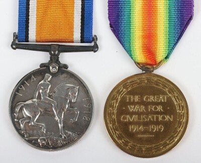 First World war Medal Pair comprising of British War Medal and British Victory medal impressed to 24990 Pte. Herbert Edward . St. John, Hampshire Regiment. (2) St John also served in the Dorset Regiment with the service number 46429 - 5
