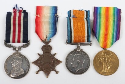 First World War British Military Medal Gallantry medal group of four, to the Royal Field Artillery. Comprising of GRV Military Medal, 1914-15 Star, British War Medal and British Victory medal. Impressed to 87233 Corporal Bertrum Albert Butcher MM, Trench 