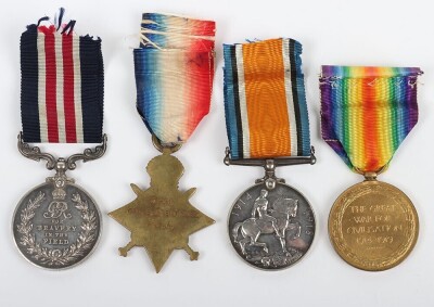 First World War British Military Medal Gallantry medal group of four, to the Royal Field Artillery. Comprising of GRV Military Medal, 1914-15 Star, British War Medal and British Victory medal. Impressed to 87233 Corporal Bertrum Albert Butcher MM, Trench - 4