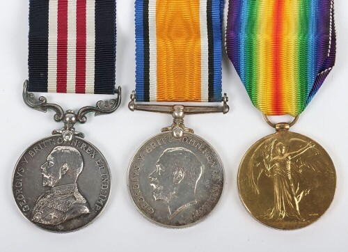 First World War British Military Medal Gallantry medal group of three medals to the Royal Army Medical Corps, comprising of GRV Military Medal, British War Medal and British Victory Medal. Impressed to 81526 Pte J H Hindle, 55 Field Ambulance, Royal Army