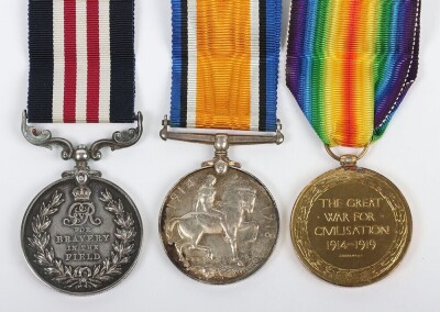 First World War British Military Medal Gallantry medal group of three medals to the Royal Army Medical Corps, comprising of GRV Military Medal, British War Medal and British Victory Medal. Impressed to 81526 Pte J H Hindle, 55 Field Ambulance, Royal Army - 2