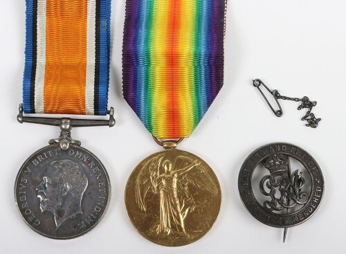 First World War British Medal Pair to the Royal Hampshire Regiment. Comprising of British War medal and Victory medal. Impressed to 21739 Pte, Alfred William Fletcher, The Royal Hampshire Regiment together with Silver Wound Badge No.434222.Wounded 29th Oc