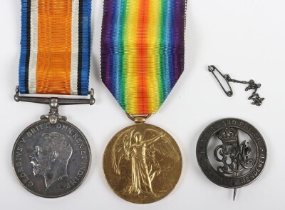 First World War British Medal Pair to the Royal Hampshire Regiment. Comprising of British War medal and Victory medal. Impressed to 21739 Pte, Alfred William Fletcher, The Royal Hampshire Regiment together with Silver Wound Badge No.434222.Wounded 29th Oc