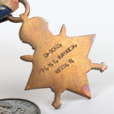 First World War British Medal Trio to the 3rd Battalion Duke of Cambridge's Own (Middlesex) Regiment. Comprising of 1914-15 Star, British War Medal and British Victory medal. Impressed to G-9060 Pte. Henry Edward Warwick, Middlesex Regiment.Wounded in act - 5
