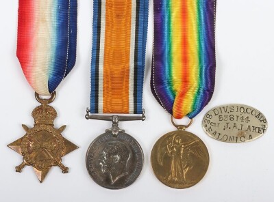 First World War British Medal Trio to the Royal Engineers comprising of 1914-15 Star, British War Medal and British Victory Medal. Impressed to 1238 Dvr John A Laker, Royal Engineers (3)Laker also served with the service number: 538144