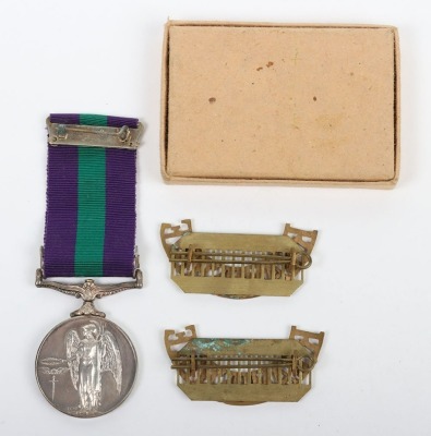 ERII General Service Medal to the Royal Hampshire Regiment with Malaya Clasp. Impressed to 23140064 Pte. R.A Hampton Royal Hampshire Regiment with its original box and pair of Royal Hampshire brass shoulder titles. (3) - 3