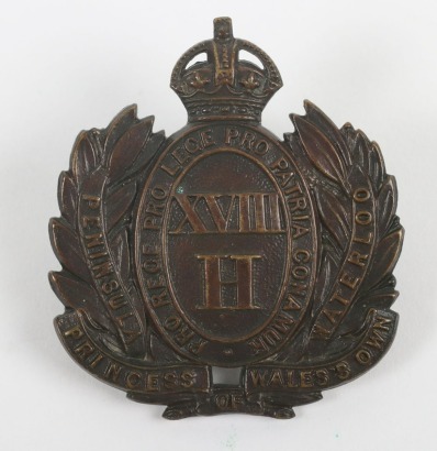 The 18th Hussars (Prince of Wales's Own) Officer's Service Dress Cap Badge.
