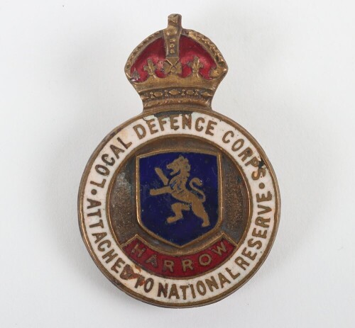 Harrow Local Defence Corps - Attached to National Reserve enamelled Button Hole Badge.