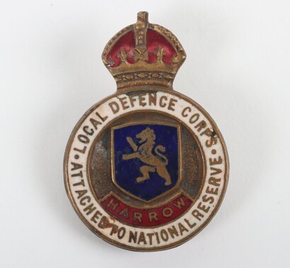 Harrow Local Defence Corps - Attached to National Reserve enamelled Button Hole Badge.