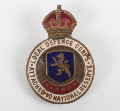 Harrow Local Defence Corps - Attached to National Reserve enamelled Button Hole Badge.