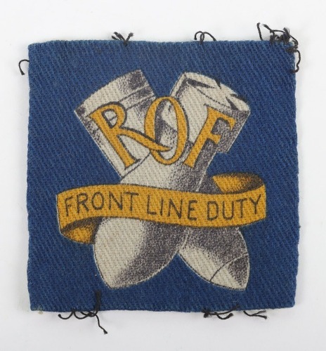WW2 Royal Ordnance Factory Front Line Duty Printed Cloth Overall Badge.