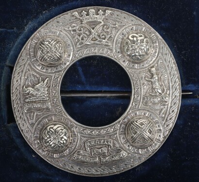 Cased Argyll & Sutherland Highlanders Plaid Brooch, fine example produced by J B Johnstone, London. With crowned Princess Louise cypher, coat of arms of Argyll and similar of Sutherland. Lower section with scrolls &lsquo;ARGYLL AND SUTHERLAND HIGHLANDERS&rsquo;. Broa