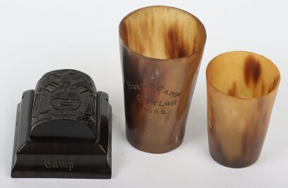Boer War POW Interest: Three Boer Prisoner of war made items to include two cow horn beakers. largest with engraved inscription Boer Camp Ceylon 1902" together with smaller beaker and further Prisoner of War Carved ebony wood desk stamp box engraved "Diya