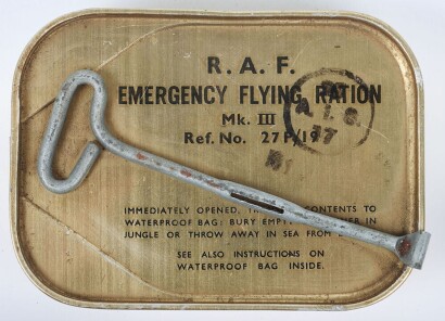 Second World War RAF Mark III Emergency Flying Ration tin. Reference No.27P/19, with original screw key. Unopened, Very good condition.