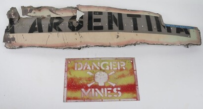 Falklands War 1982, Argentine Air Force Pucar&aacute; A514 Aircraft relic & Mines Sign.
