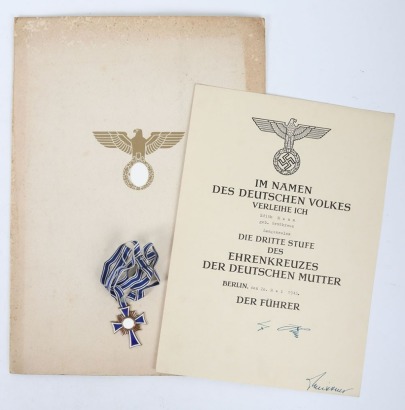 WW2 German Mother&rsquo;s Cross 3rd Class Medal in bronze with very late award certificate