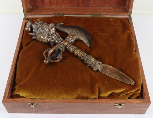 Large and Elaborate Tibetan Silvered Copper Alloy Phurbu.