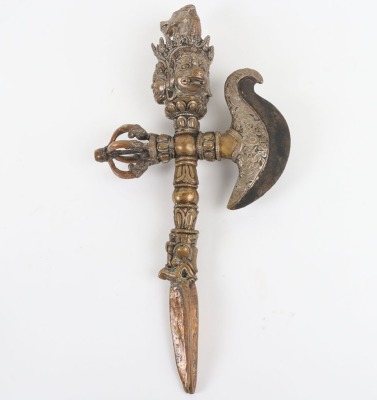 Large and Elaborate Tibetan Silvered Copper Alloy Phurbu. - 2