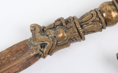 Large and Elaborate Tibetan Silvered Copper Alloy Phurbu. - 4
