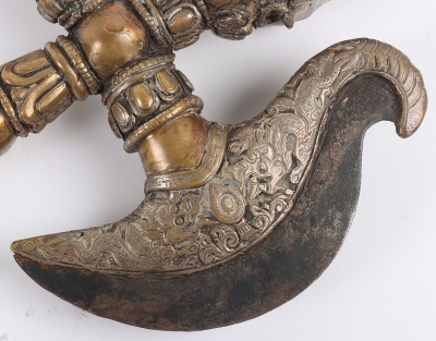 Large and Elaborate Tibetan Silvered Copper Alloy Phurbu. - 6