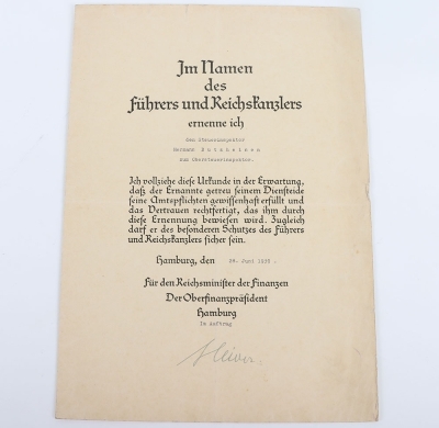 WW2 German Promotion Document for Tax inspector