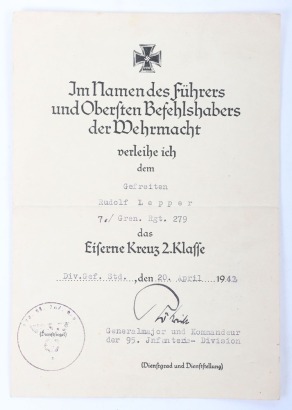 WW2 German Iron Cross 2nd Class Award Citation 7./Grenadier Regiment 279,