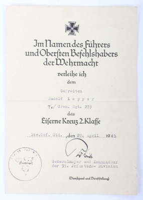 WW2 German Iron Cross 2nd Class Award Citation 7./Grenadier Regiment 279,