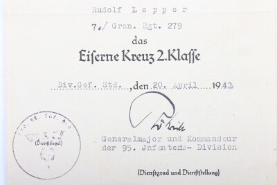 WW2 German Iron Cross 2nd Class Award Citation 7./Grenadier Regiment 279, - 4