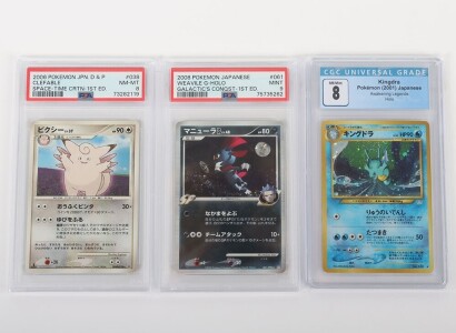 Three Graded Pok&eacute;mon Trading Cards Japanese.