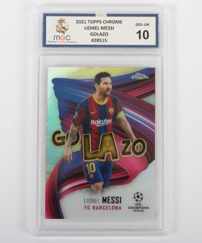 2021 Topps Chrome Lionel Messi Golazo Football Graded MGC 10 Trading card.