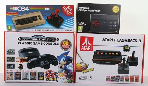 Four Retro Modern Games Consoles boxed.