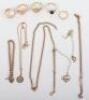 An assortment of 9ct gold rings, and chains and an 18ct gold ring (2.32g),