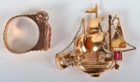 A Continental 18ct gold and ruby (possibly synthetic) brooch in the form of a ship, 5cmWx4.5cmW 11.91g