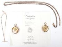 A ladies 18ct gold pocket watch, 34.18g, with a ladies 9ct gold pocket watch, 43.15g, with two 9ct gold chains 43.34g