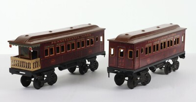 Pair of rare Bing for American market gauge I (Miniature Railroad Series) Pennsylvania Lines bogie passenger coaches, 1920s,