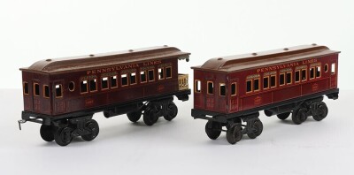 Pair of rare Bing for American market gauge I (Miniature Railroad Series) Pennsylvania Lines bogie passenger coaches, 1920s, - 2