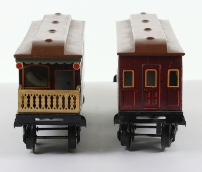 Pair of rare Bing for American market gauge I (Miniature Railroad Series) Pennsylvania Lines bogie passenger coaches, 1920s, - 4