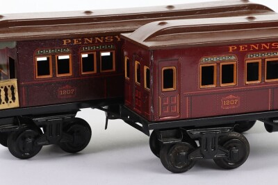 Pair of rare Bing for American market gauge I (Miniature Railroad Series) Pennsylvania Lines bogie passenger coaches, 1920s, - 5