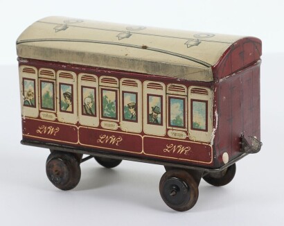 Rare tinplate W&R Jacobs & Co LNWR passenger coach Biscuit tin, circa 1910,