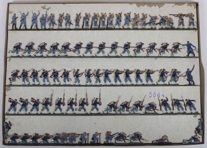 German made thirteen boxed sets of flat lead painted French and British Army figures,