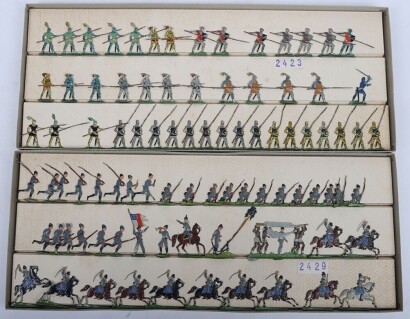 German made nineteen boxed sets of flat lead painted Knights, Battle scenes, Wild West and more,