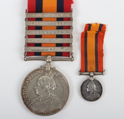 Boer War Queens South Africa Medal to the Royal Lancaster Regiment, with 5 clasps, Cape Colony, Orange Free State, Transvaal, Wittebergen and south Africa 1901, impressed naming, &ldquo;4715 PTE E. PLATT, RL: LANC: REGT&rdquo;, unofficial rivets to the last 3 clasps.