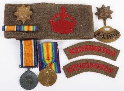 WW1 British, 13th County of London Regiment (Kensington's) Medal Pair and Insignia.