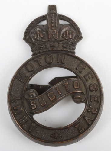 Army Motor Reserve Officers Cap Badge, fine bronze OSD example of the crowned circlet with &lsquo;ARMY MOTOR RESERVE&rsquo; within and central scroll having motto &lsquo;SUBITO&rsquo;. Two blade fittings to the reverse.