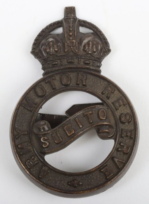 Army Motor Reserve Officers Cap Badge, fine bronze OSD example of the crowned circlet with &lsquo;ARMY MOTOR RESERVE&rsquo; within and central scroll having motto &lsquo;SUBITO&rsquo;. Two blade fittings to the reverse.
