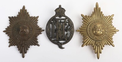 Queen's Edinburgh Rifle Volunteers Pouch Badge accompanied with two Worcestershire Regiment Valise Badges.
