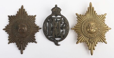 Queen's Edinburgh Rifle Volunteers Pouch Badge accompanied with two Worcestershire Regiment Valise Badges.