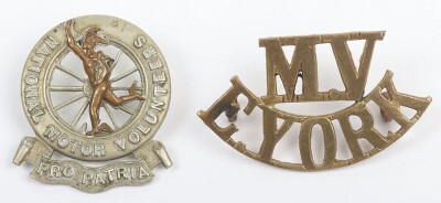 Scarce WW1 Motor Volunteers East Yorkshire Brass Shoulder Title
